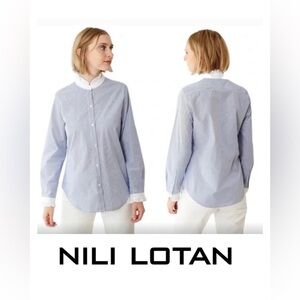 NWT - Nili Lotan, Clara Long Sleeve Blue & White Stripe Shirt, Size Large